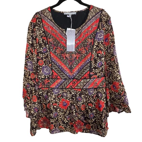 NWT Daniel Rainn L Brown‎ Red Floral Knit Top – Quilted Detail Peplum Boho Chic - Picture 1 of 9